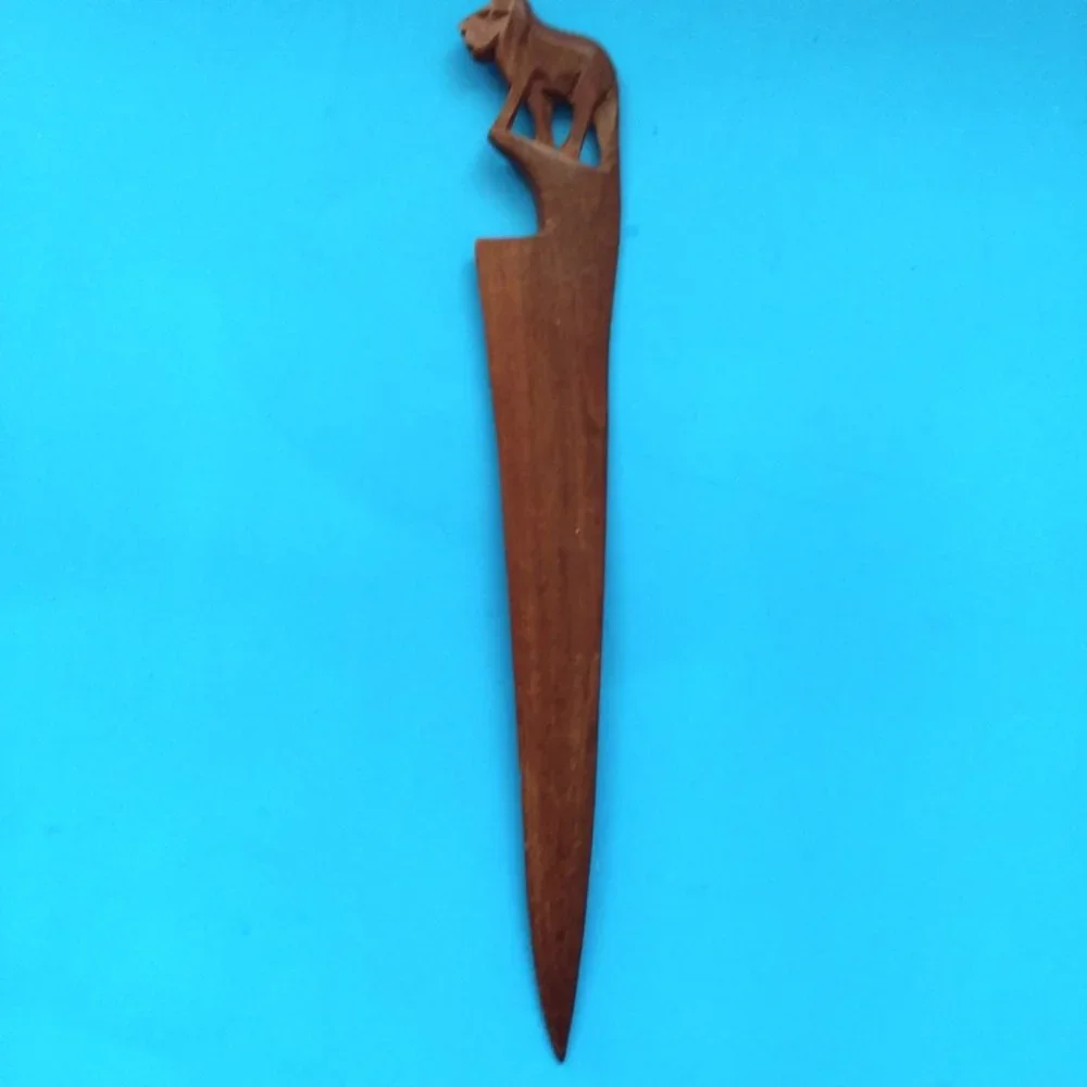 VTG Letter Opener Lion Carved Wood Knife Handle Africa Mail Folk Art Safari King
